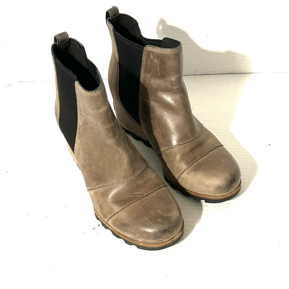 Sorel Lea Wedge Joan Of Arctic Taupe Brown Leather Ankle Boot Sz 6.5 NL2334-089 - Picture 1 of 11